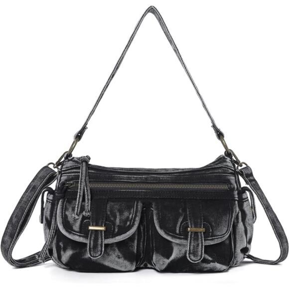 Women Shoulder Bag Multi Pocket Black mix White - Picture 1 of 6
